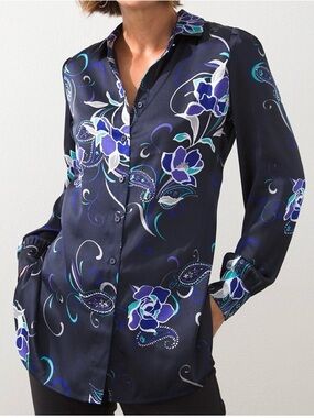 Chico’s Floral Print Button Front Tunic Women’s Size XL Long Sleeves Satin Flowy